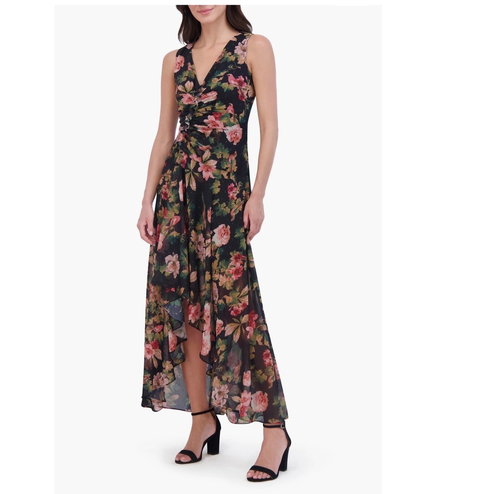 Eliza J Dark Floral High Low Dress 12 Black Ruched Metallic Feminine Gown NEW